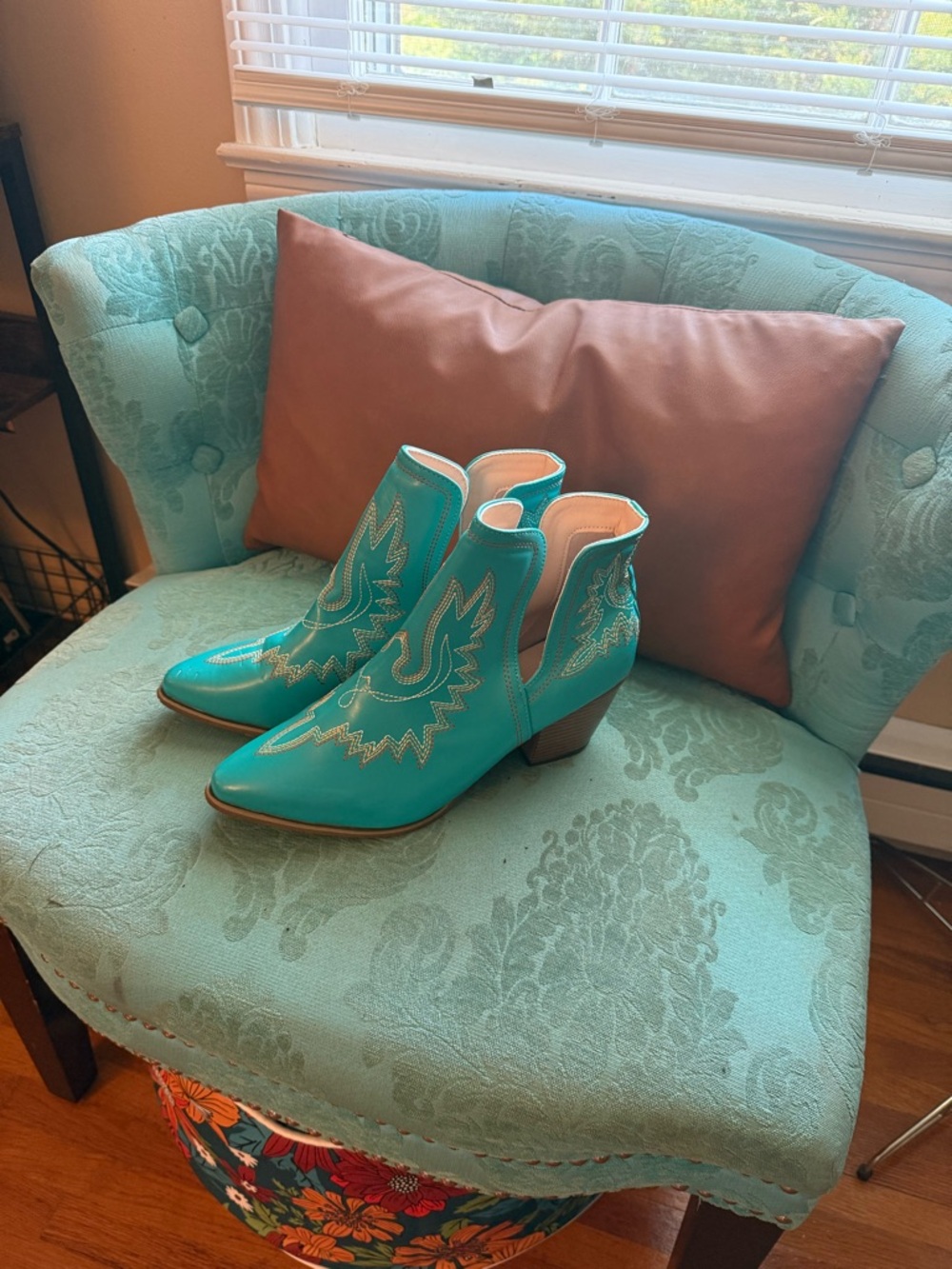 Turquoise Western Ankle Boots - Womens Stylish Cutout Booties